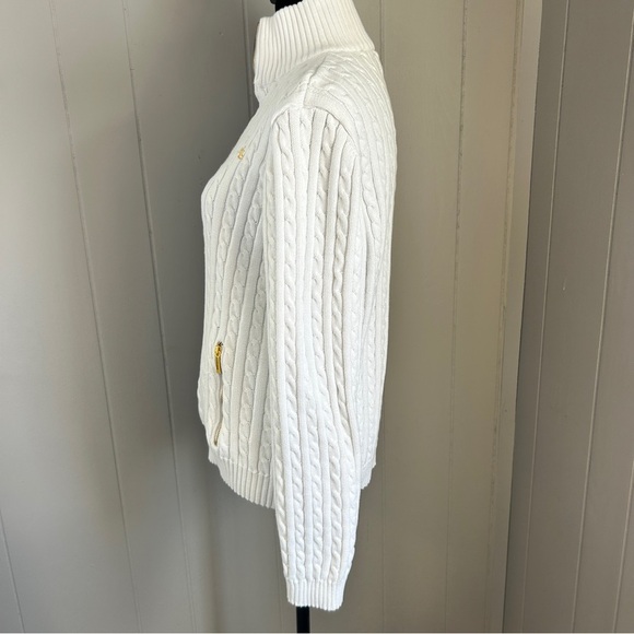 Lauren Ralph Lauren White and Gold Zipper Cable Knit Cardigan - Picture 7 of 12